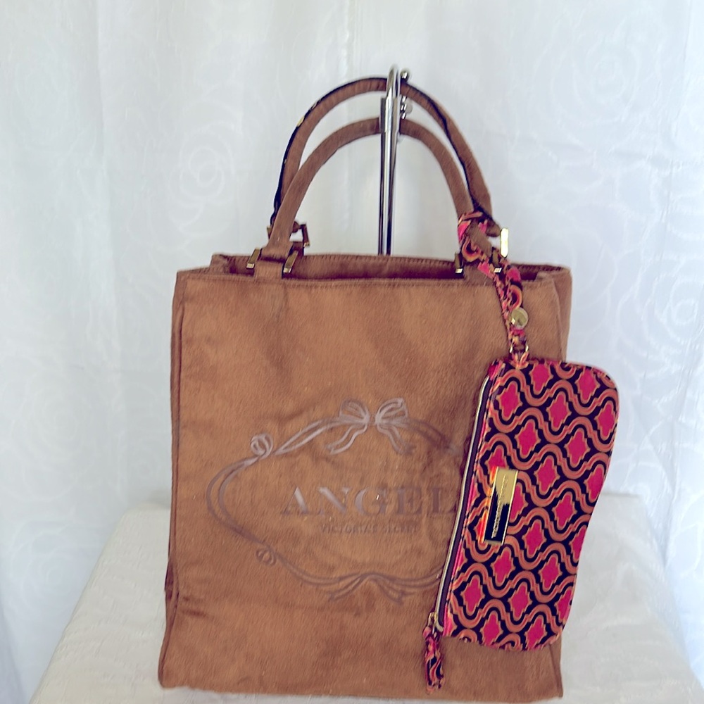 VICTORIA’S SECRET Angel brown faux suede tote bag with pink /brown satin purse.